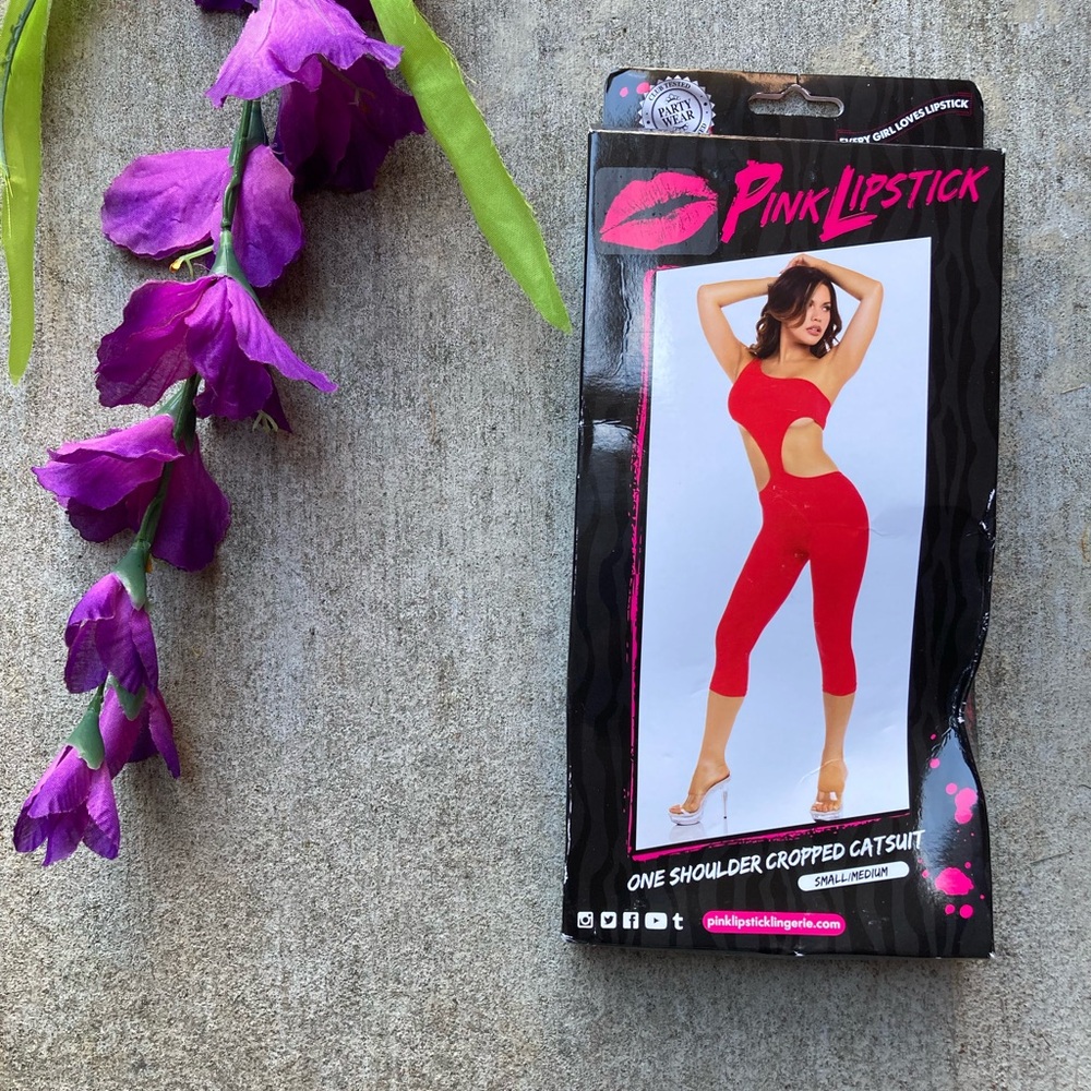 Pink Lipstick Red One Shoulder Cropped Catsuit Jumpsuit Costume Small/Medium kk